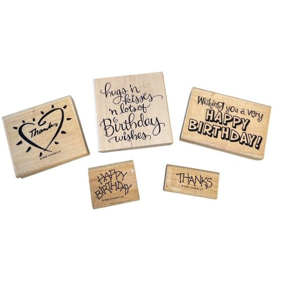 Rubber Stamps Set Of 5 Birthday & Thank You Designs Wood-Mounted - Picture 1 of 5